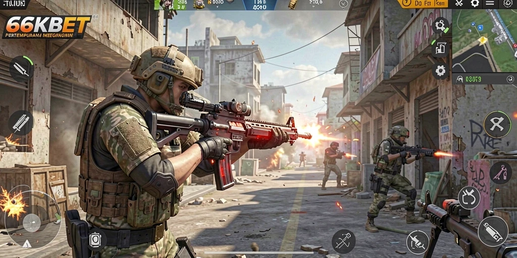 Screenshot gameplay 66KBET yang menunjukkan pertempuran FPS yang seru.