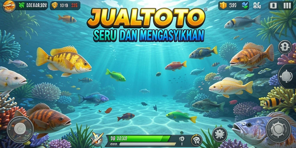 Tampilan gameplay seru dari JUALTOTO dengan berbagai ikan menunggu untuk ditembak.