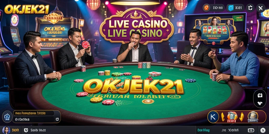 Screenshot OKJEK21 menampilkan dealer langsung yang ramah dalam permainan kasino.