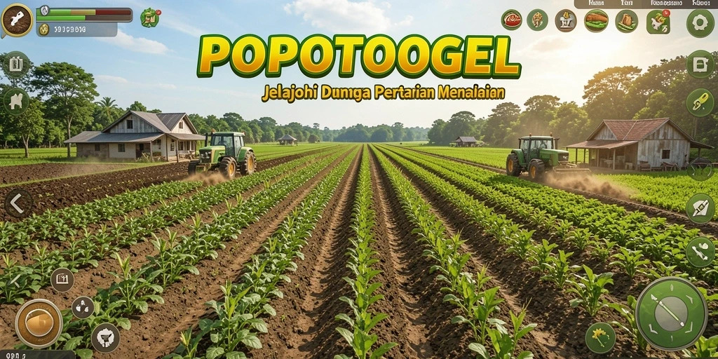 Gambar tampilan gameplay <strong>POPOTOGEL</strong> menunjukkan ladang yang subur dan hewan ternak yang sehat.