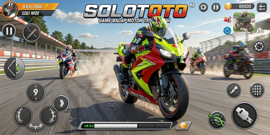 Screenshot gameplay SOLOTOTO menampilkan balapan motor yang seru.