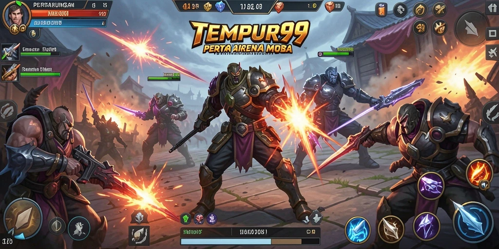 Screenshot game TEMPUR99 menampilkan pertempuran seru antar pahlawan.