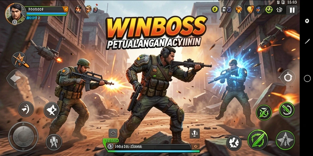 Screenshot WINBOSS menampilkan karakter beraksi dalam pertempuran sengit.